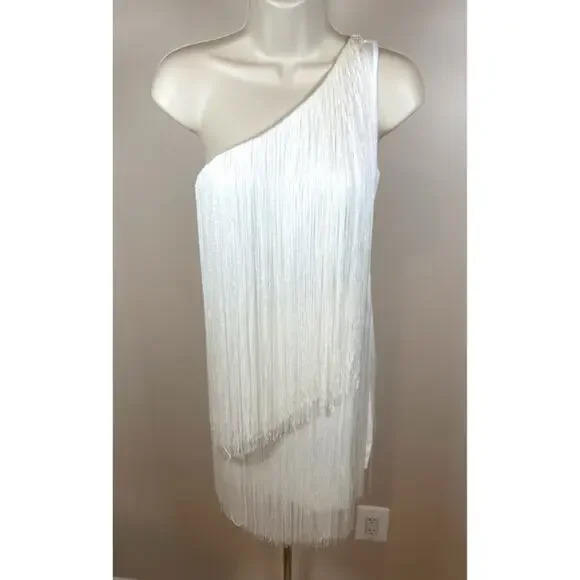 NO PISE LA GRAMA Cascada One Shoulder Fringe Satin White Mini Dress Sz 0 - Picture 5 of 11